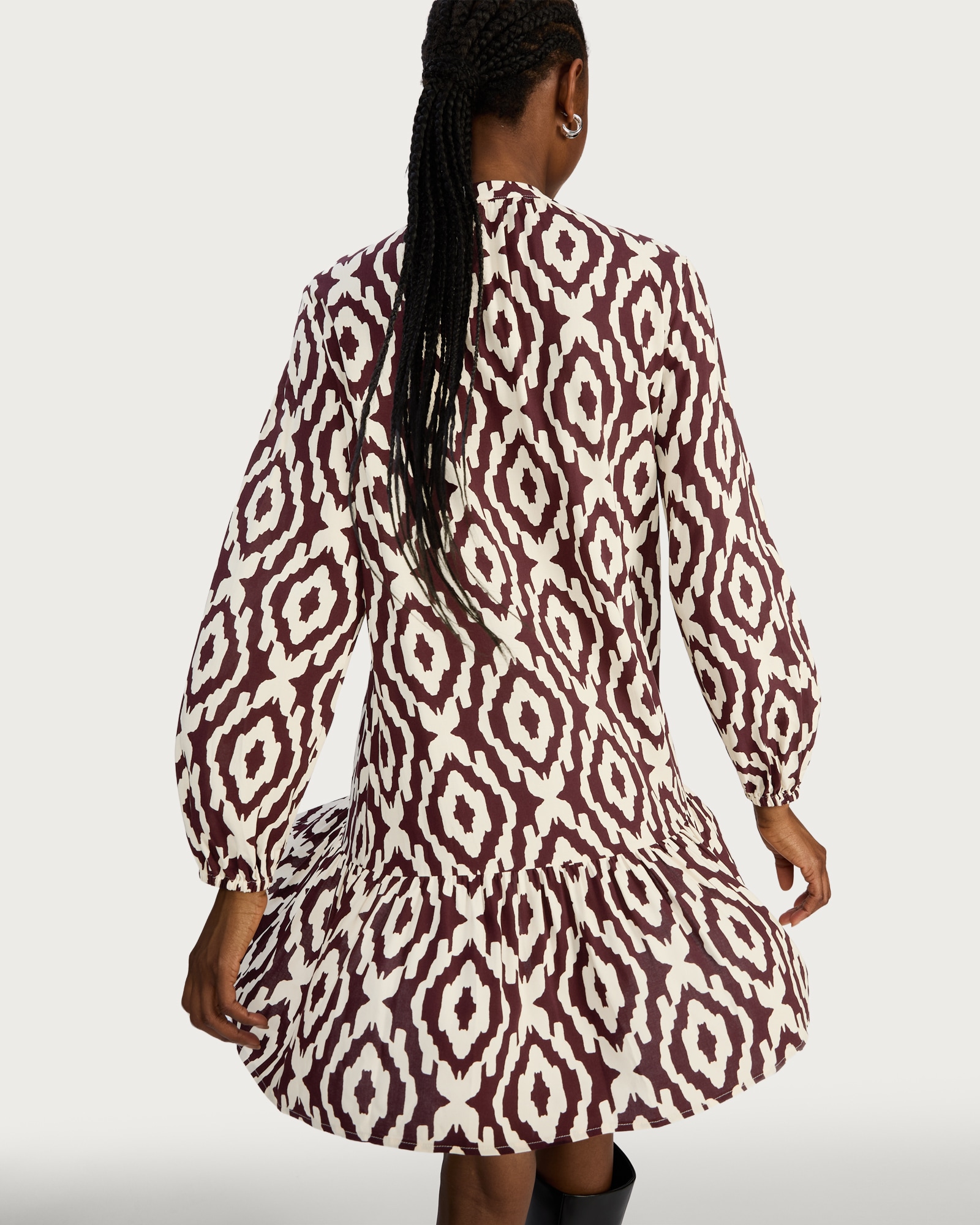 F&F Geometric Print Long Sleeved Mini Dress in Burgundy thumbnail 2