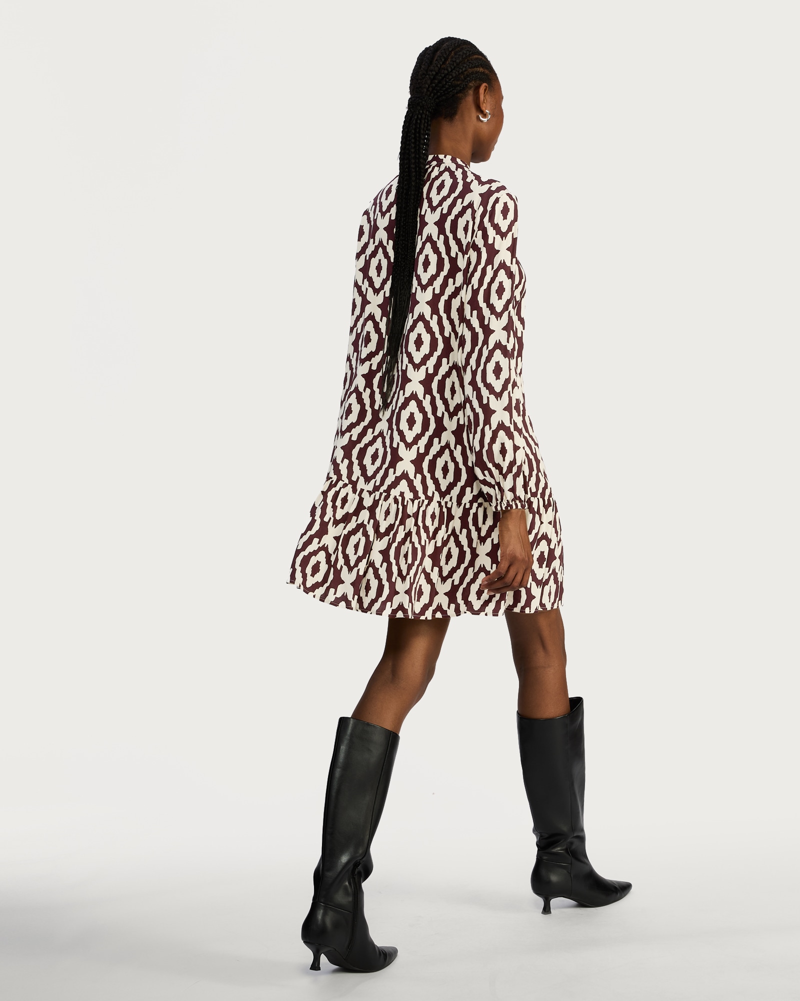 F&F Geometric Print Long Sleeved Mini Dress in Burgundy thumbnail 3