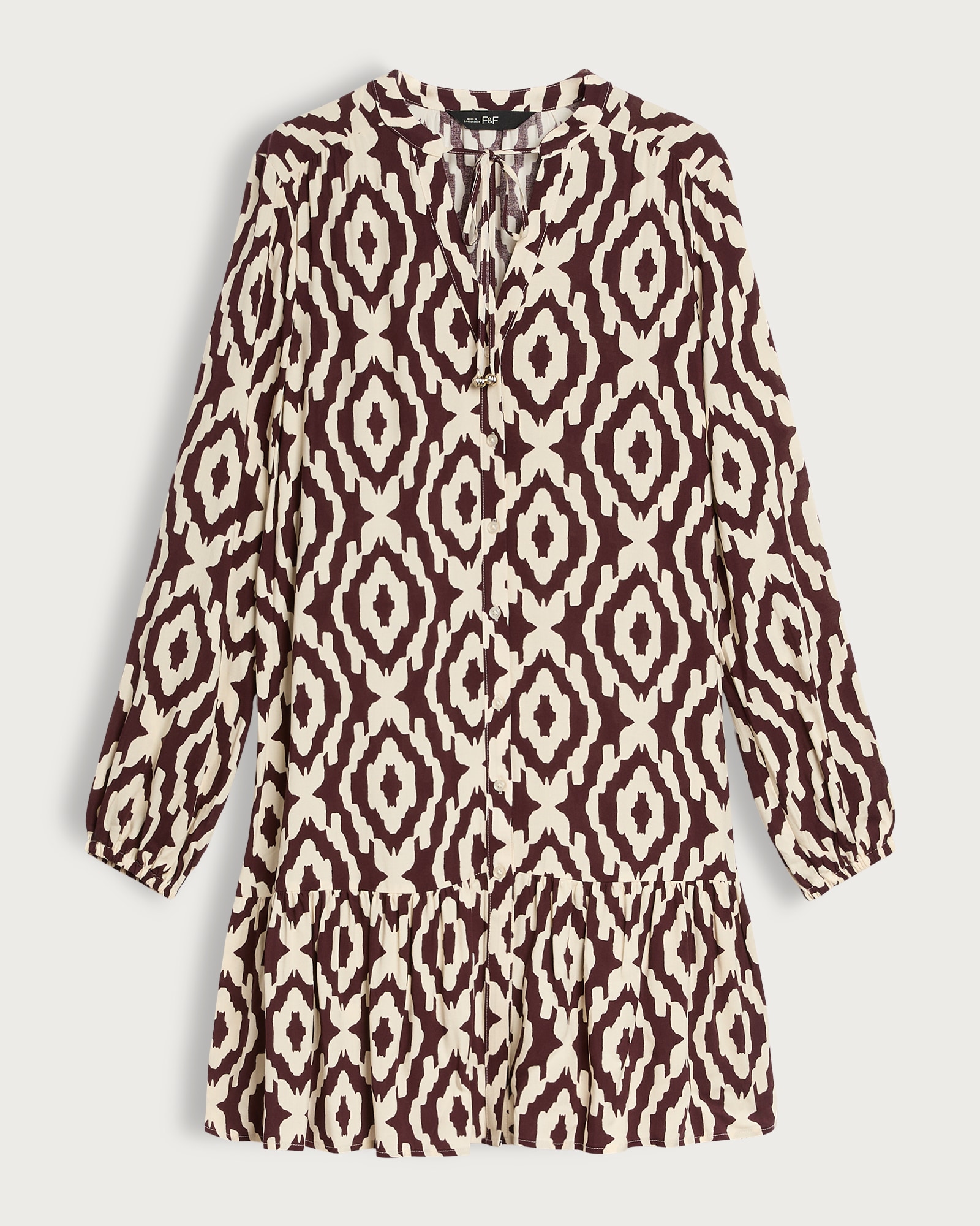 F&F Geometric Print Long Sleeved Mini Dress in Burgundy thumbnail 4