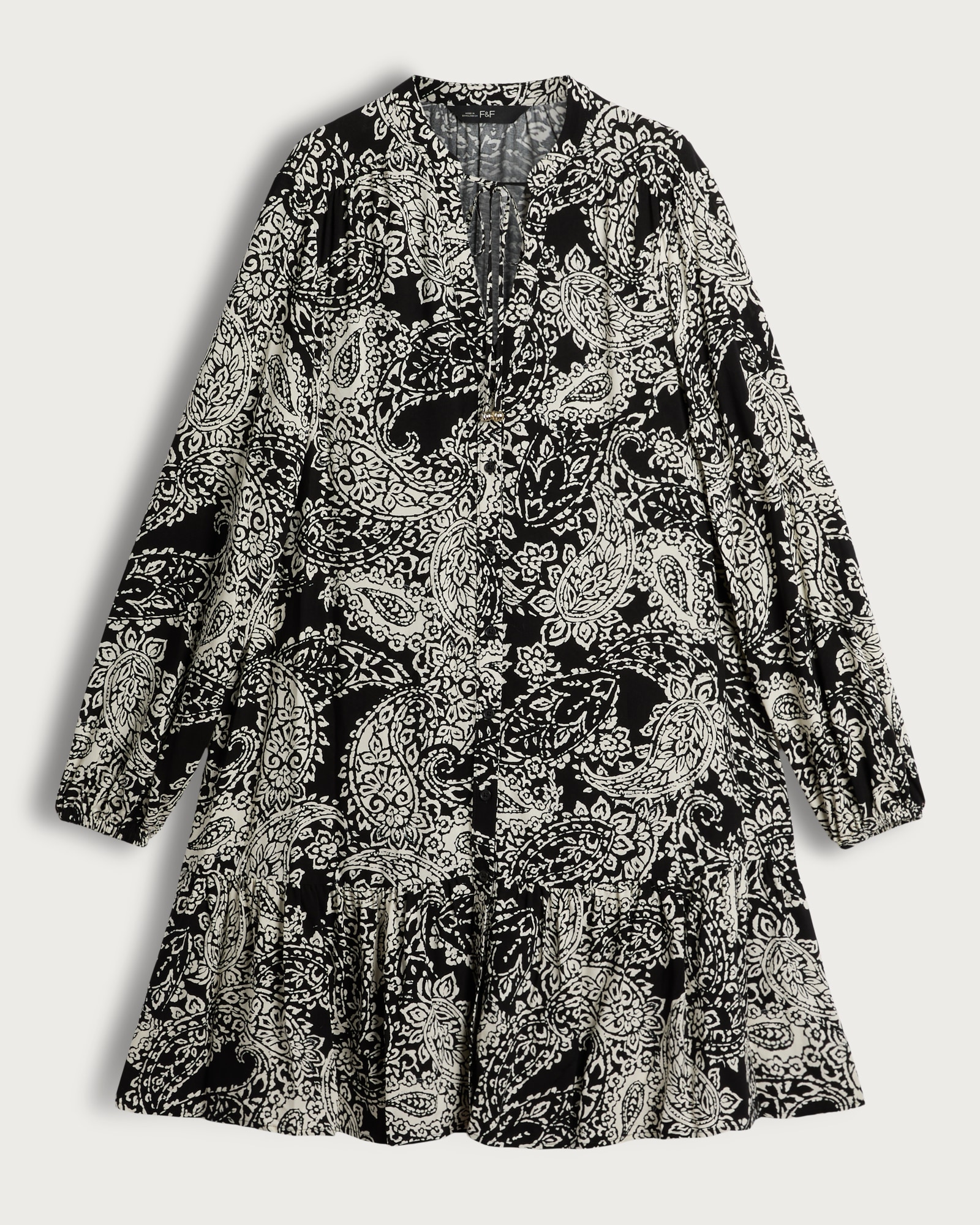 F&F Paisley Print Long Sleeved Mini Dress in Multi Black White thumbnail 5