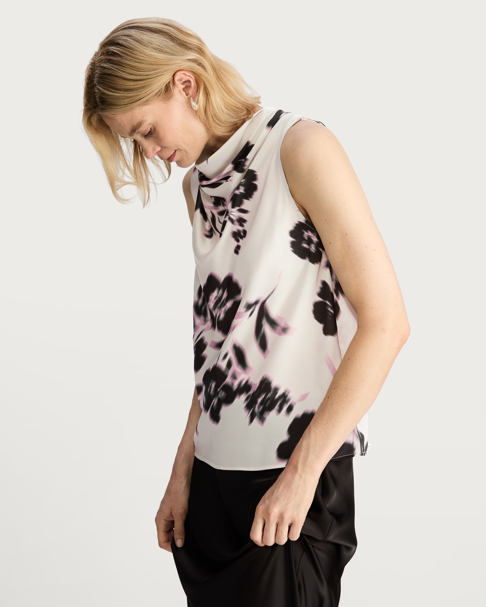 F&F Satin Blurred Floral Print Cowl Neck Top in Multi Black White thumbnail 2