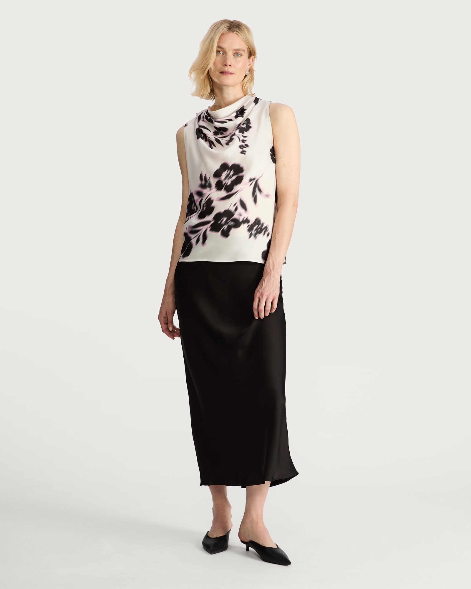 F&F Satin Blurred Floral Print Cowl Neck Top in Multi Black White thumbnail 3