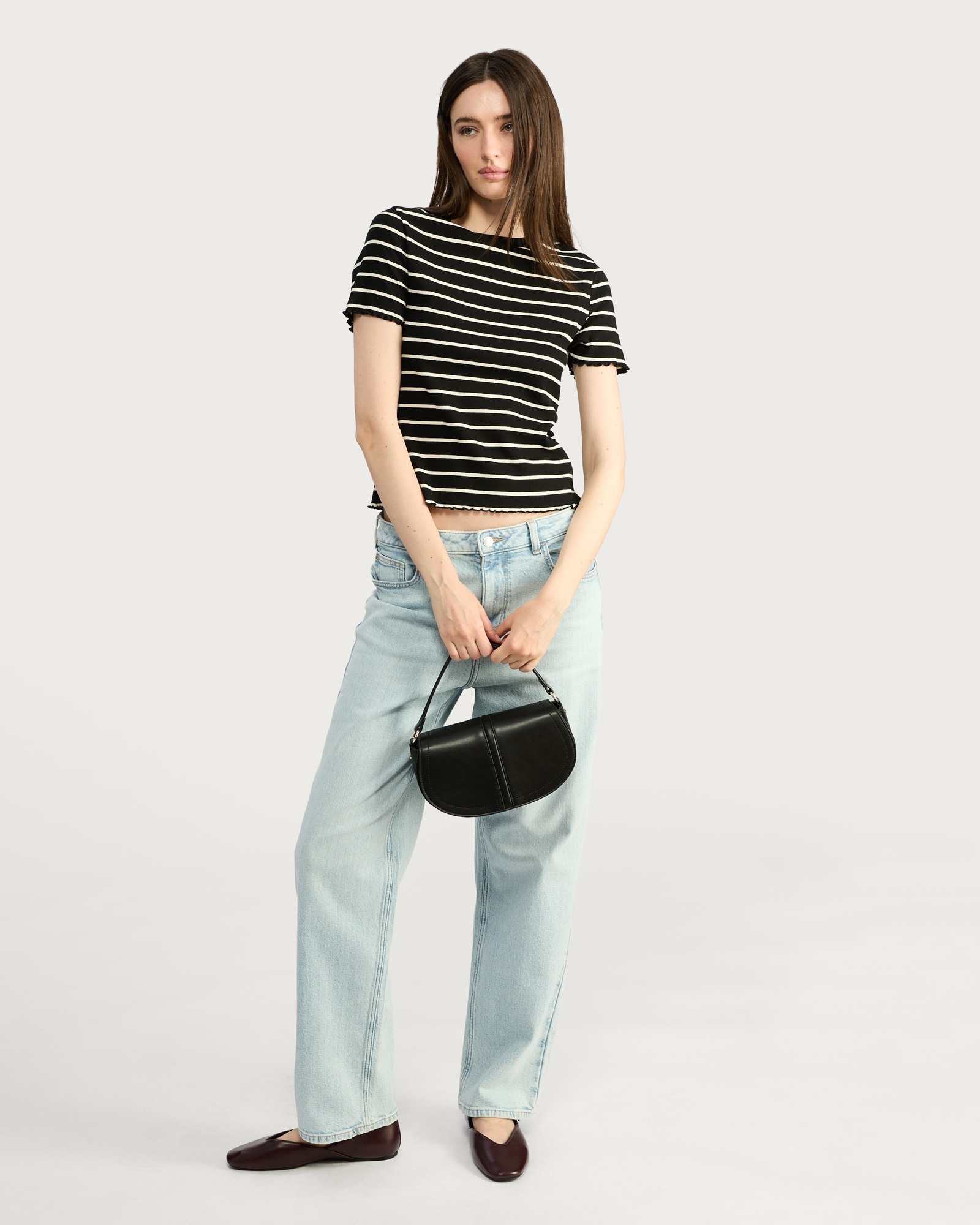 F&F Striped Ribbed Lettuce Hem T-Shirt in Multi Brown