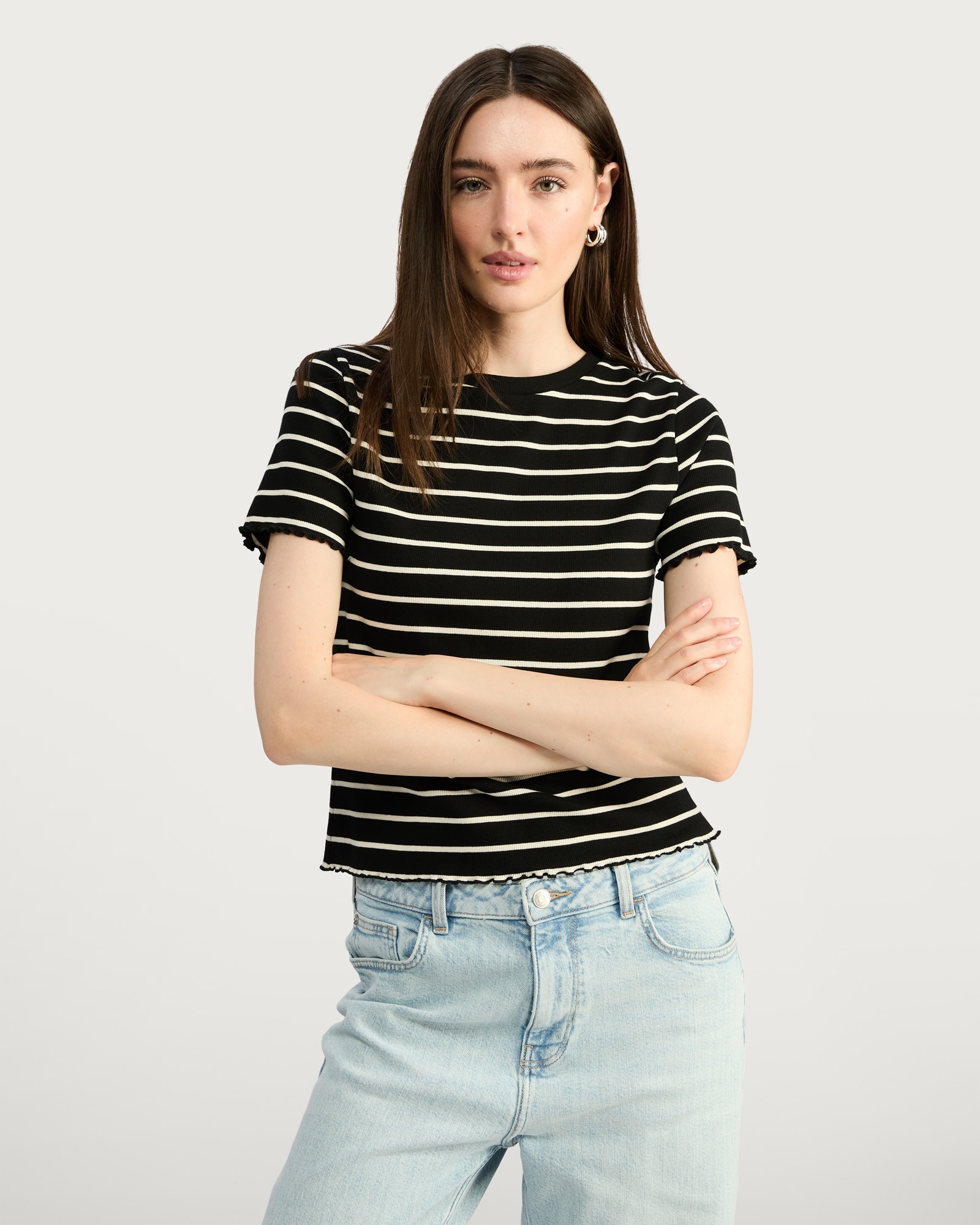 F&F Striped Ribbed Lettuce Hem T-Shirt in Multi Brown thumbnail 2