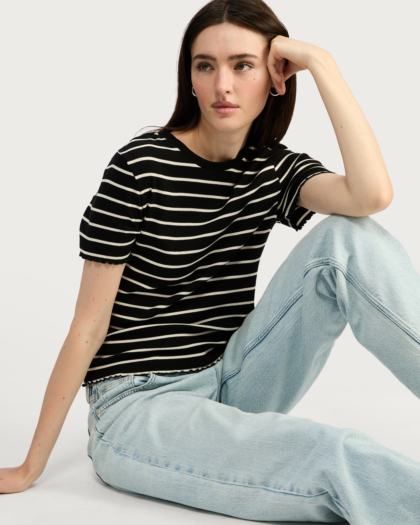 F&F Striped Ribbed Lettuce Hem T-Shirt in Multi Brown thumbnail 3