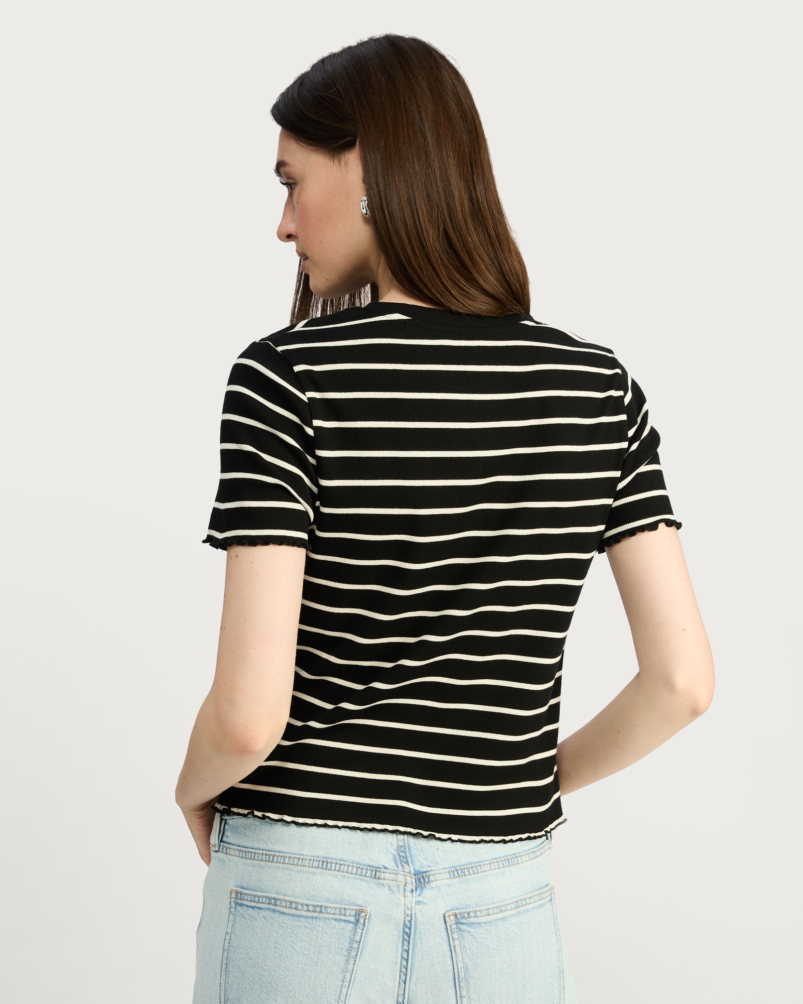 F&F Striped Ribbed Lettuce Hem T-Shirt in Multi Brown thumbnail 4