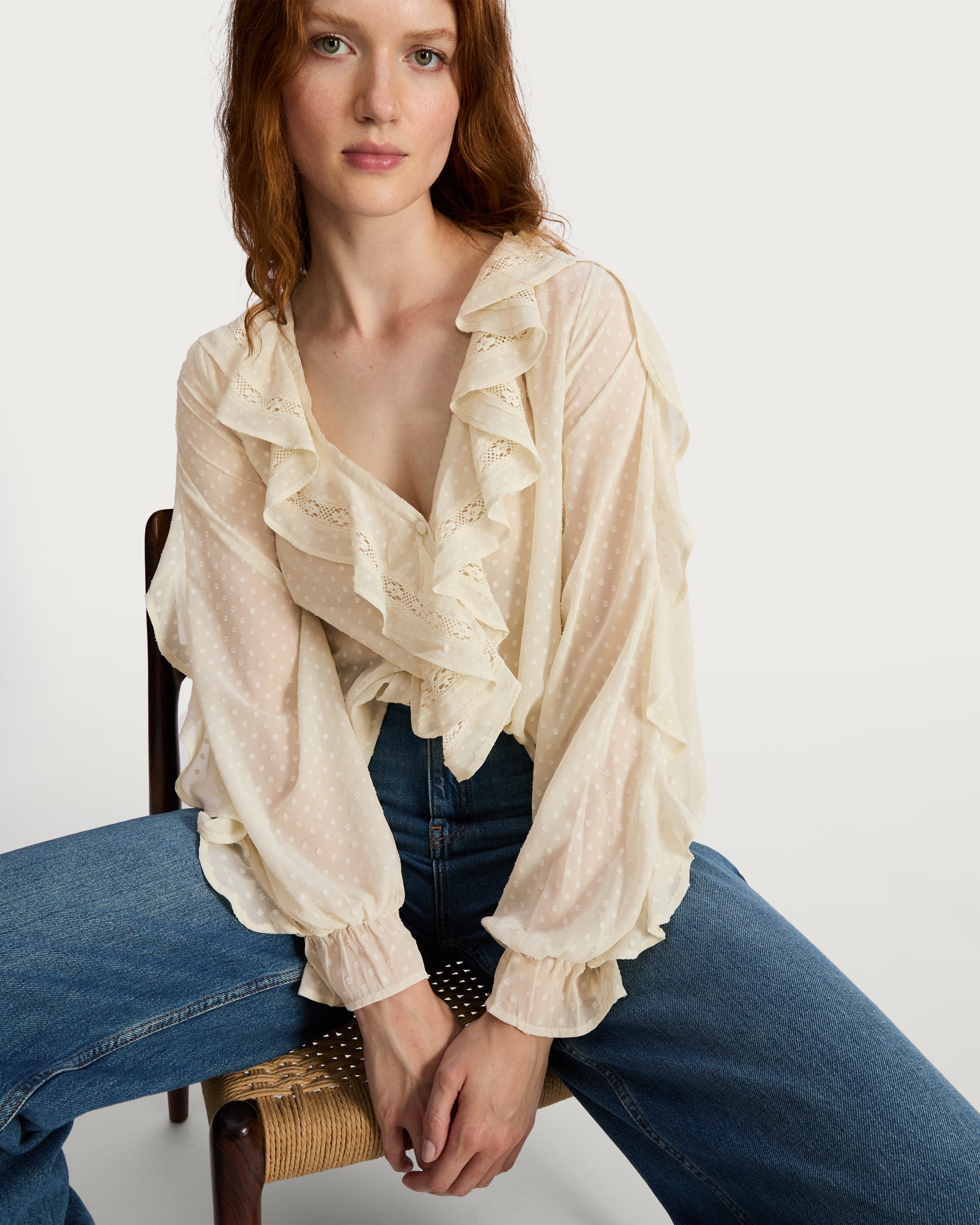 F&F Woven Dobby Textured Ruffle Detail Blouse in Cream