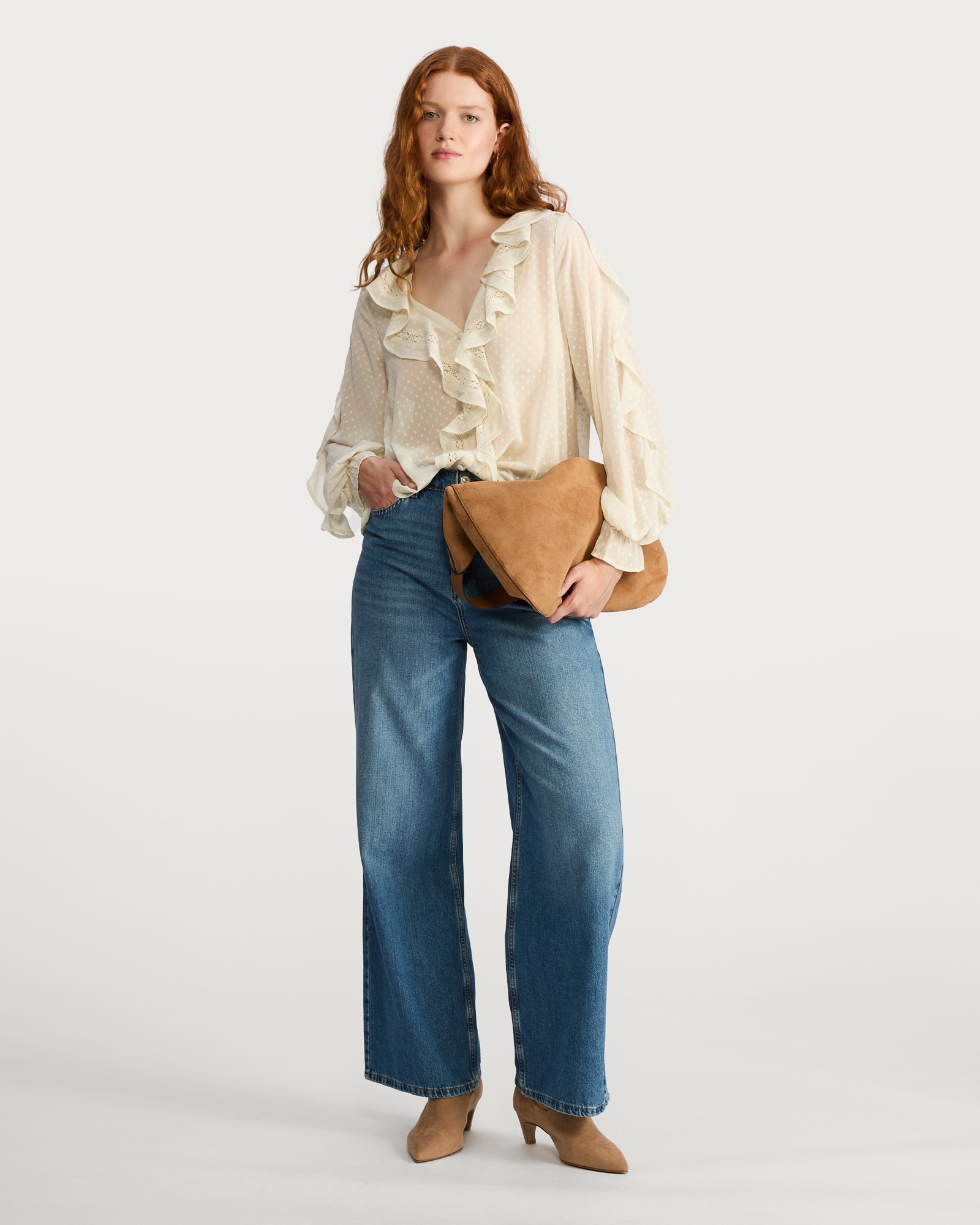 F&F Woven Dobby Textured Ruffle Detail Blouse in Cream thumbnail 2