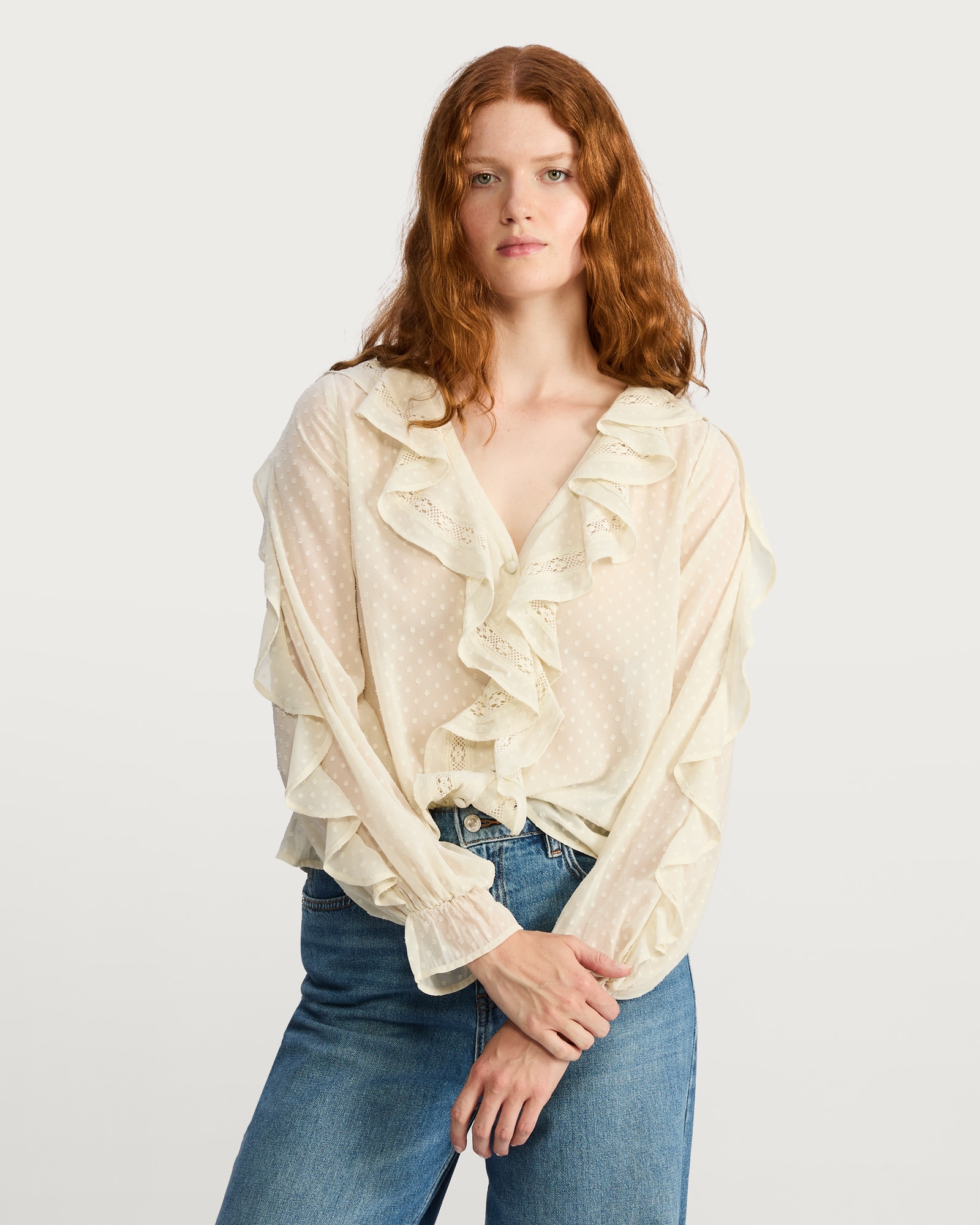 F&F Woven Dobby Textured Ruffle Detail Blouse in Cream thumbnail 3