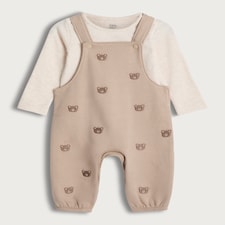 F&F Baby 2-Piece Cotton Rich Bear Embroidered Dungaree and Bodysuit Set in Stone