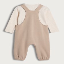 F&F Baby 2-Piece Cotton Rich Bear Embroidered Dungaree and Bodysuit Set in Stone thumbnail 2