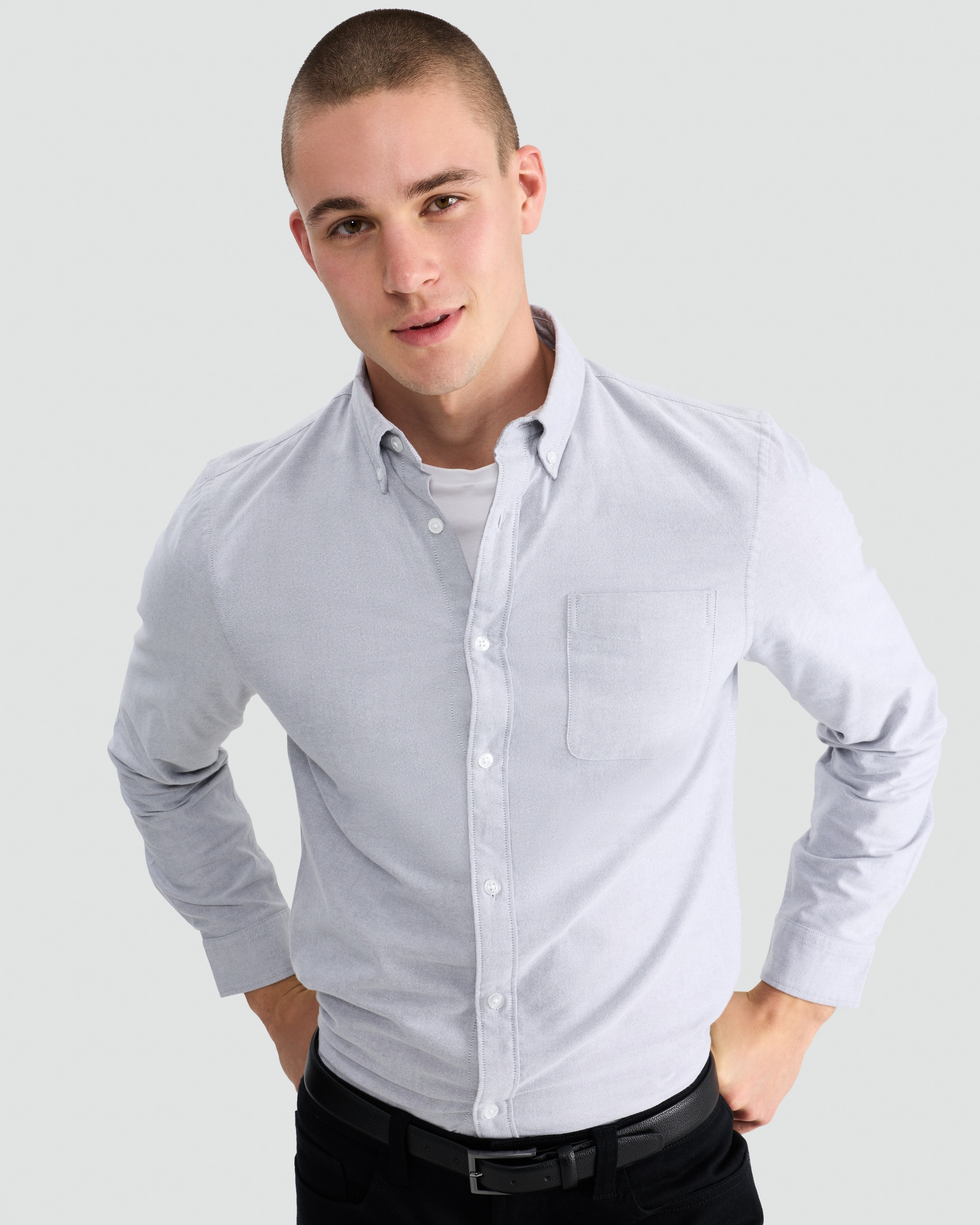 F&F Pure Cotton Brushed Button Down Oxford Shirt in Grey