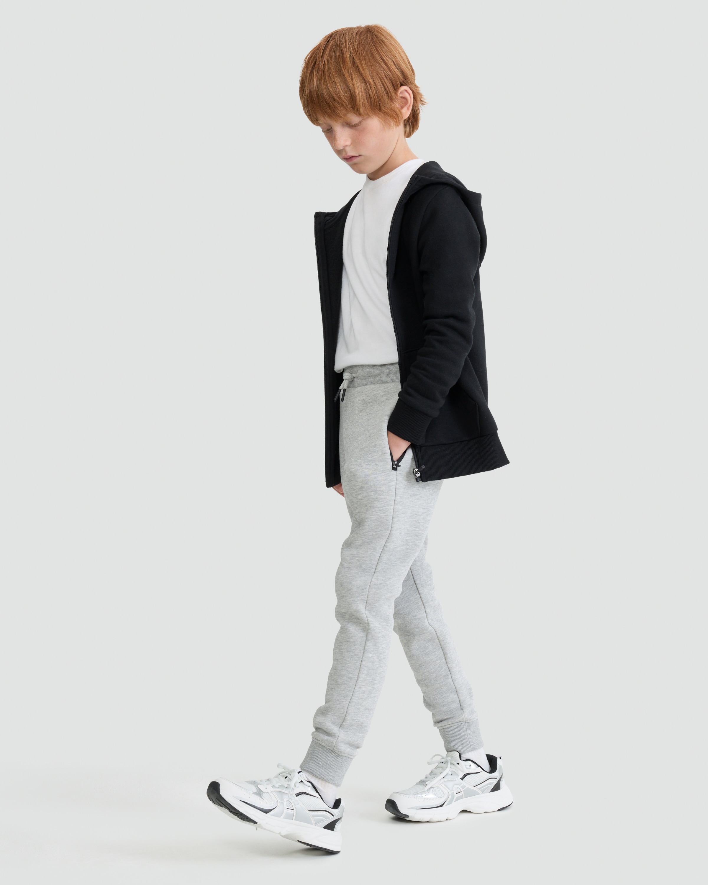 F&F Boys Cotton Rich Zip Pocket Cuffed Drawstring Joggers in Grey Marl