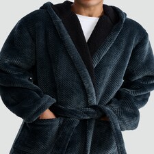 F&F Fleece Herringbone Textured Dressing Gown in Teal thumbnail 2
