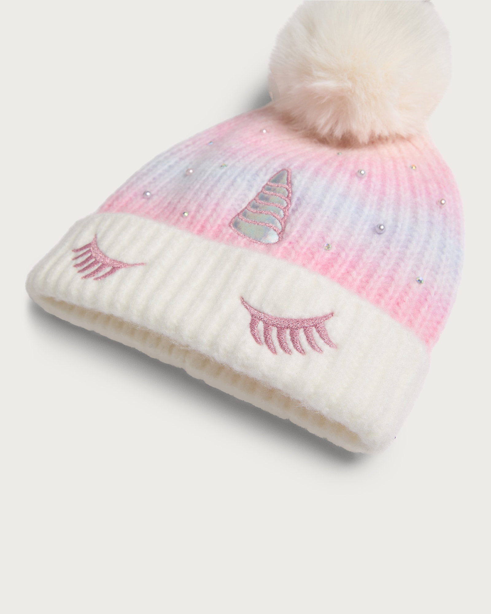 F&F Girls Knitted Unicorn Pom Pom Beanie Hat in Multi thumbnail 2