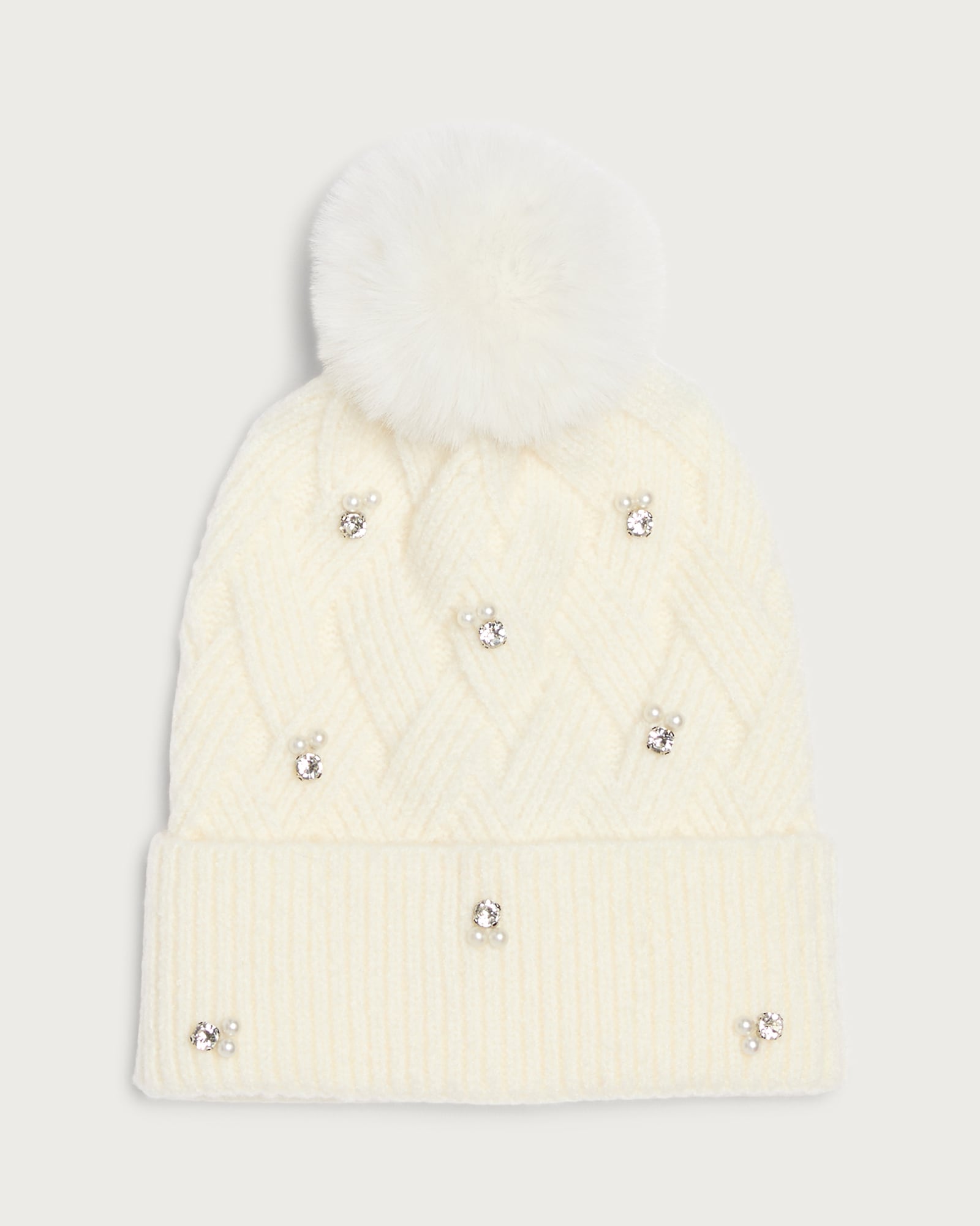 F&F Knitted Embellished Pom Pom Beanie Hat in Cream