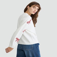 F&F Knitted Bow Sequin Embellished Jumper in Cream thumbnail 4