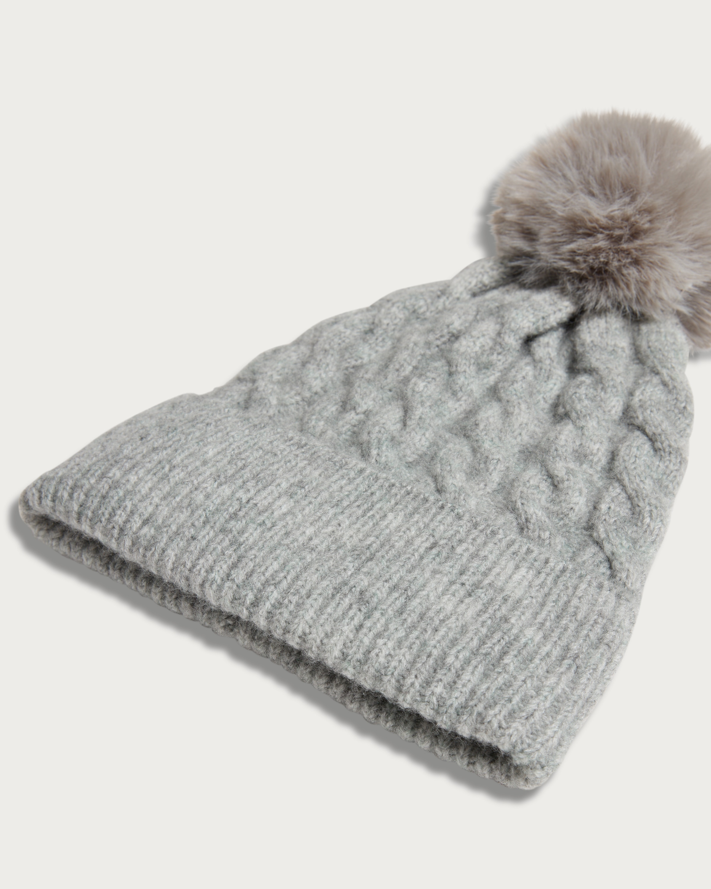 F&F Cable Knit Pom Pom Beanie Hat in Grey thumbnail 2
