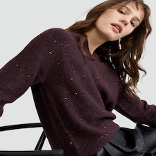 F&F Knitted Sequin V Neck Jumper in Burgundy thumbnail 2