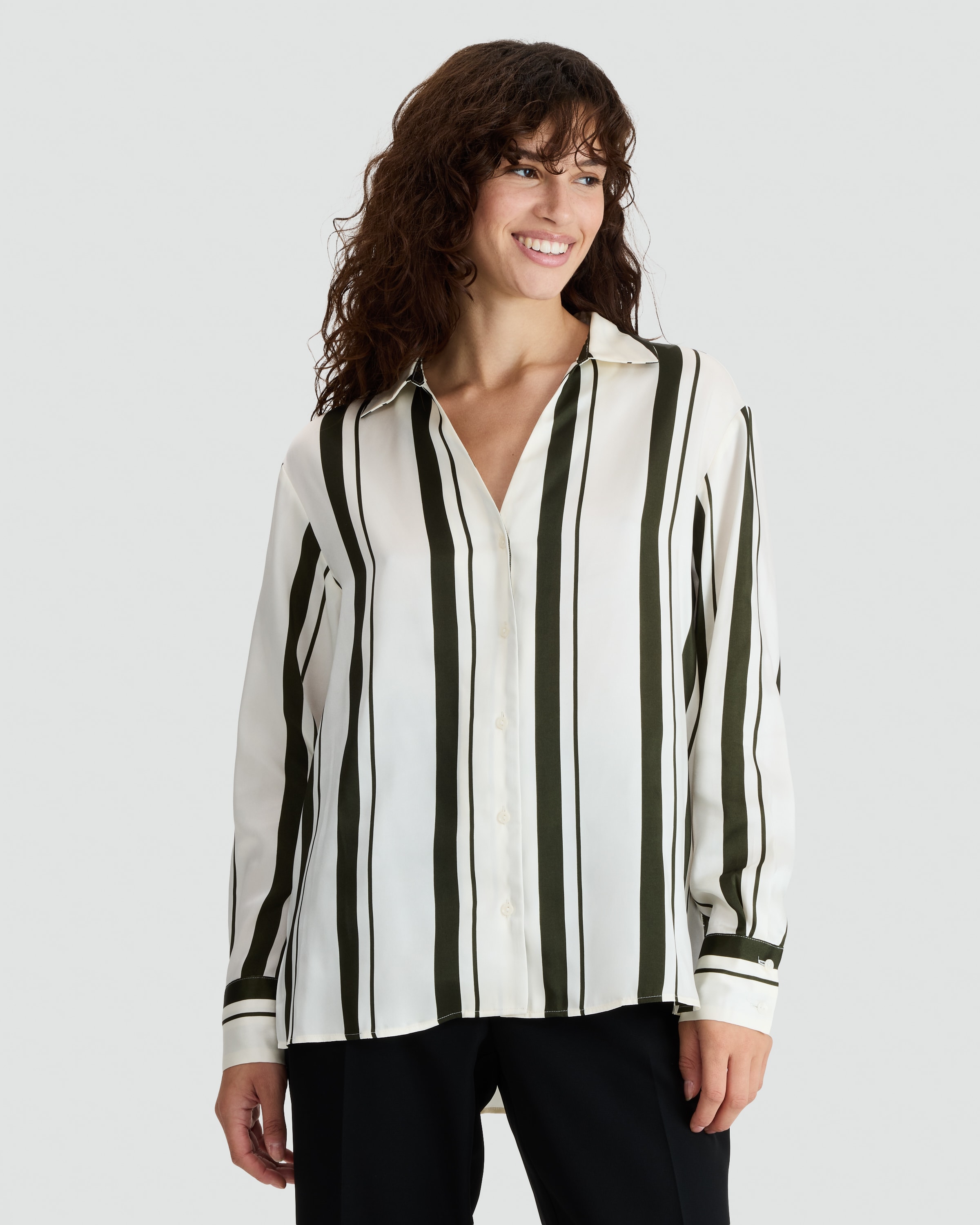 F&F Satin Stripe Print Button Up Shirt in Khaki thumbnail 2