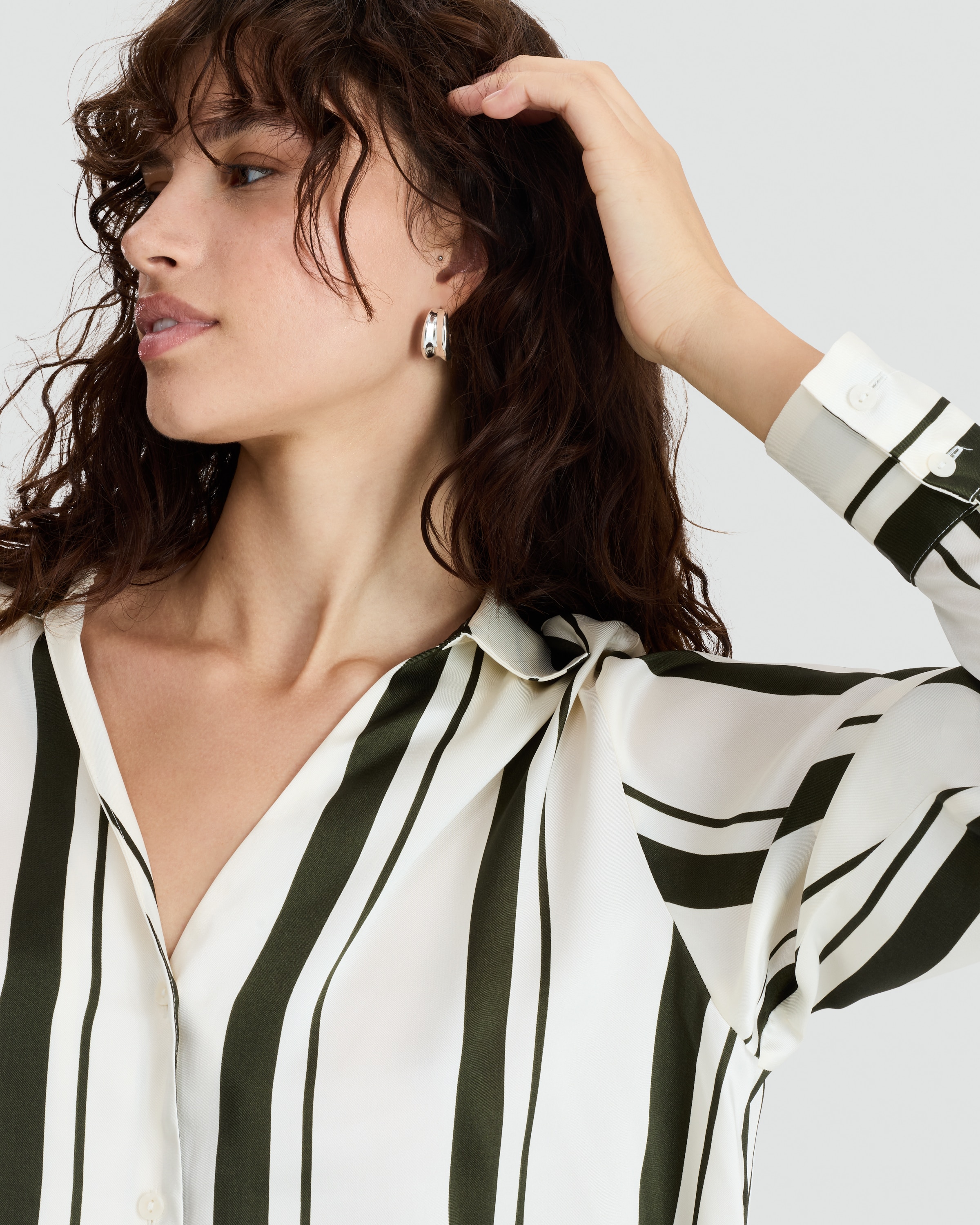 F&F Satin Stripe Print Button Up Shirt in Khaki thumbnail 3