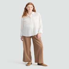 F&F Satin Long Sleeved Pocket Front Shirt in Cream