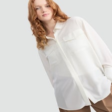 F&F Satin Long Sleeved Pocket Front Shirt in Cream thumbnail 2