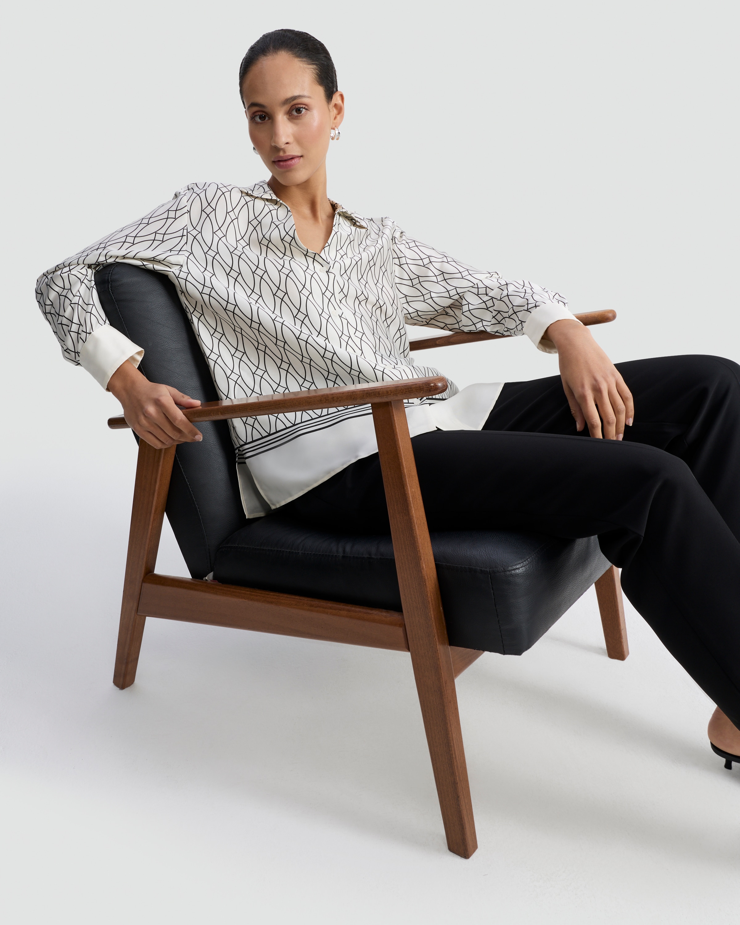 F&F Satin Geometric Print Button Up Shirt in Cream
