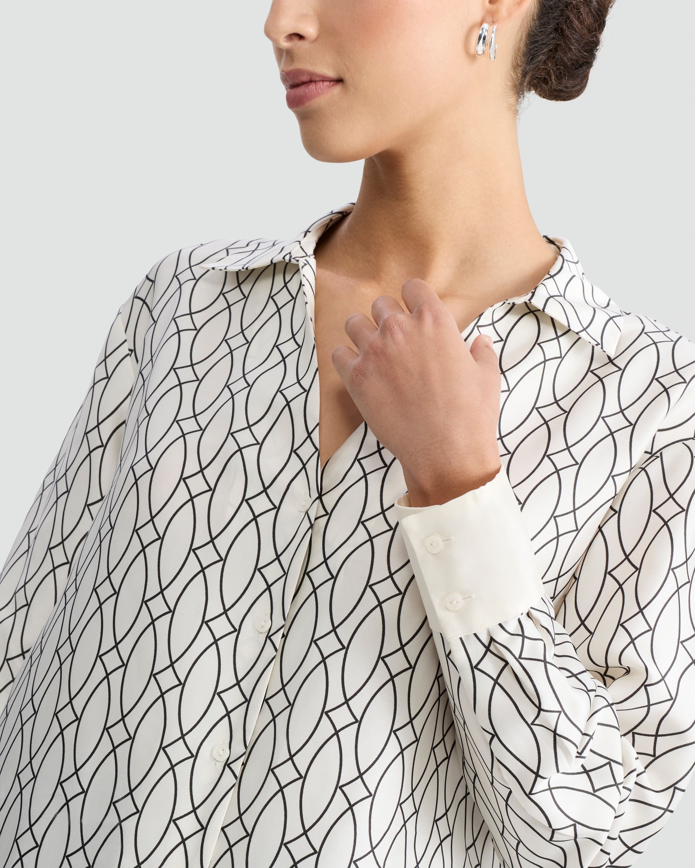 F&F Satin Geometric Print Button Up Shirt in Cream thumbnail 2