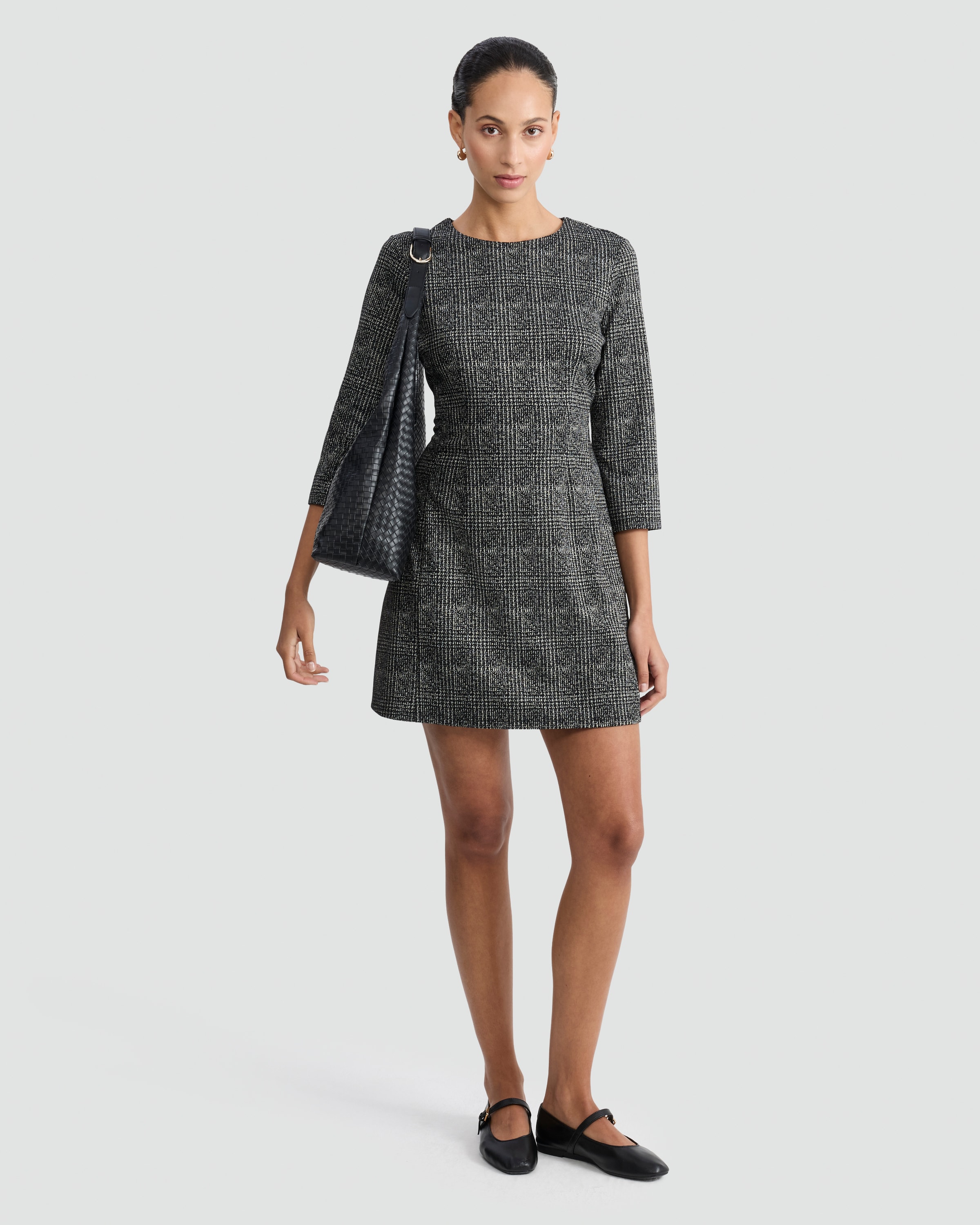 F&F Textured Check Print Long Sleeved Shift Dress in Multi Black White