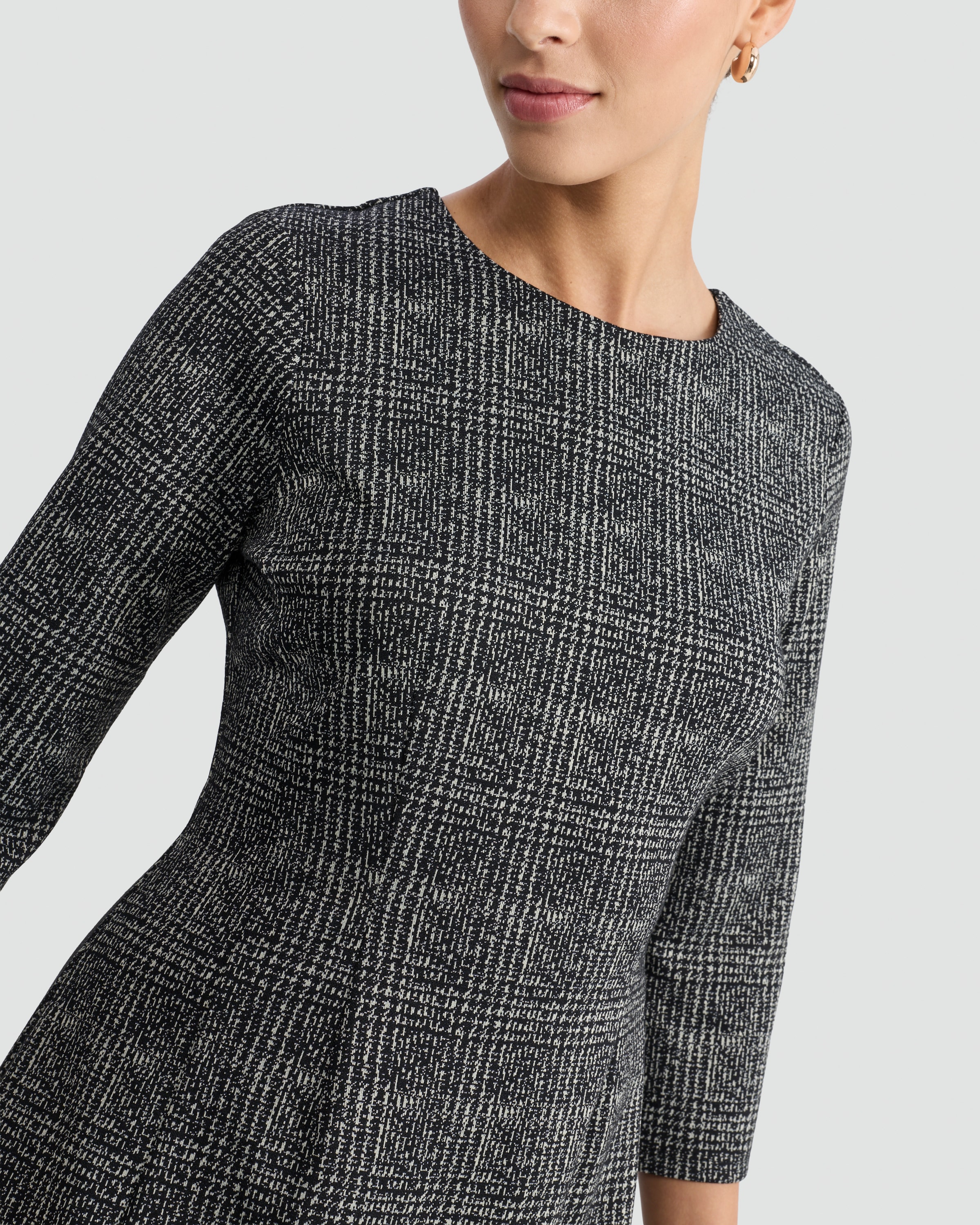 F&F Textured Check Print Long Sleeved Shift Dress in Multi Black White thumbnail 2