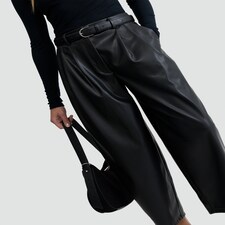 F&F Faux Leather Pleated Barrel Leg Trousers in Black thumbnail 2