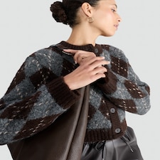 F&F Textured Argyle Button Front Cardigan with Wool in Chocolate