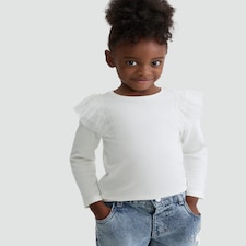 F&F Girls Pure Cotton Ruffle Shoulder Long Sleeved Top in White