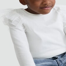 F&F Girls Pure Cotton Ruffle Shoulder Long Sleeved Top in White thumbnail 2