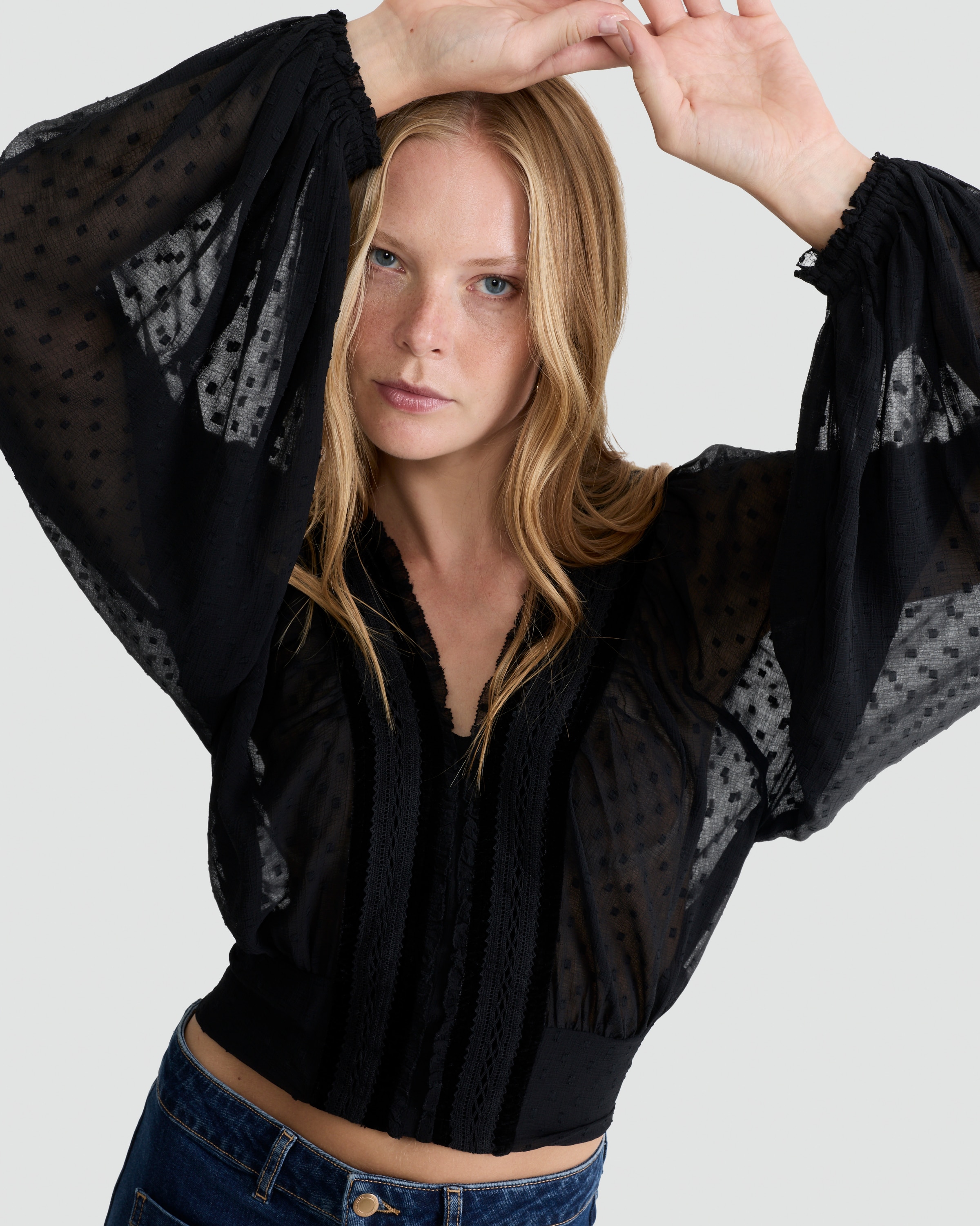 F&F Chiffon Dobby Velvet V Neck Blouse in Black