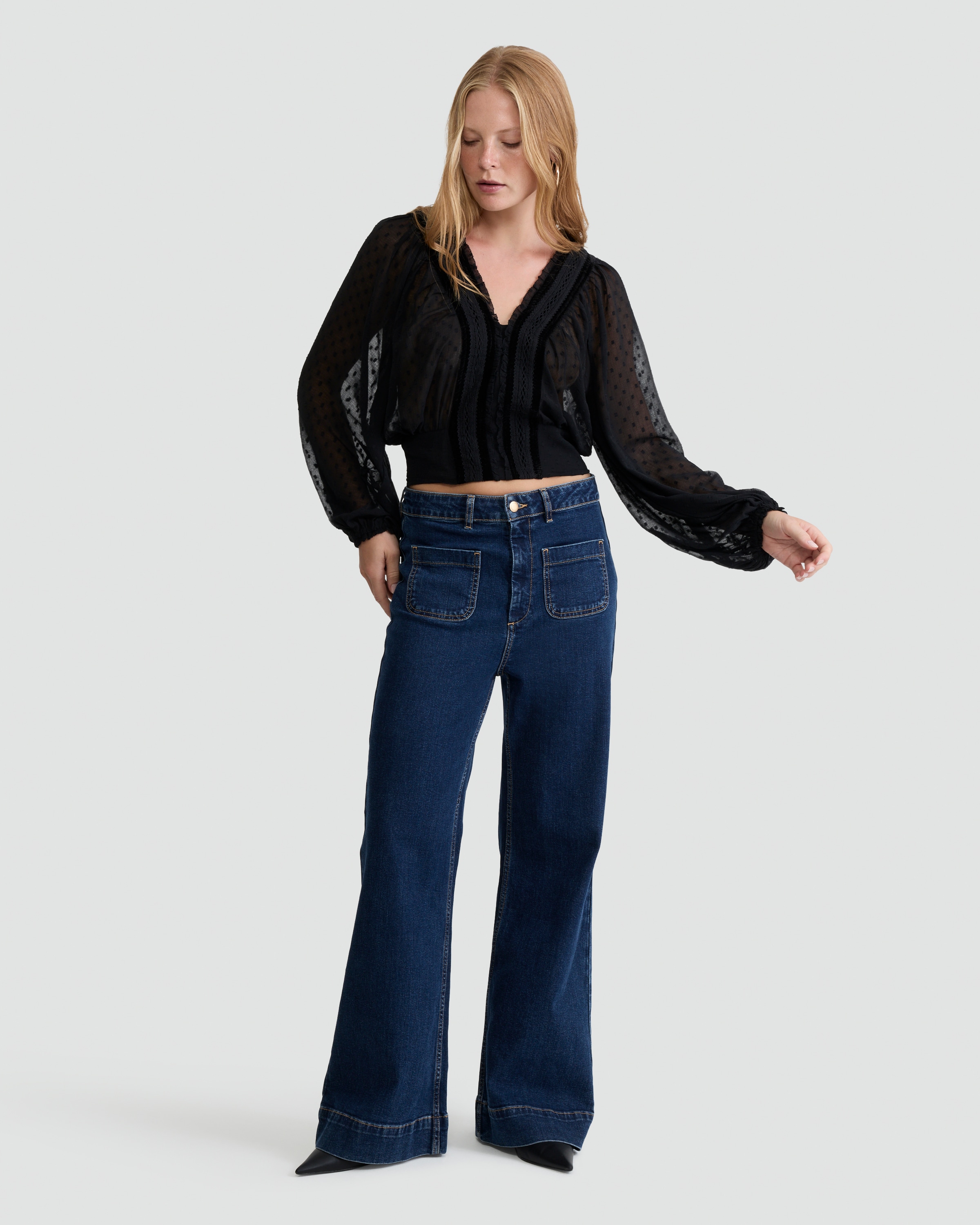 F&F Chiffon Dobby Velvet V Neck Blouse in Black thumbnail 2