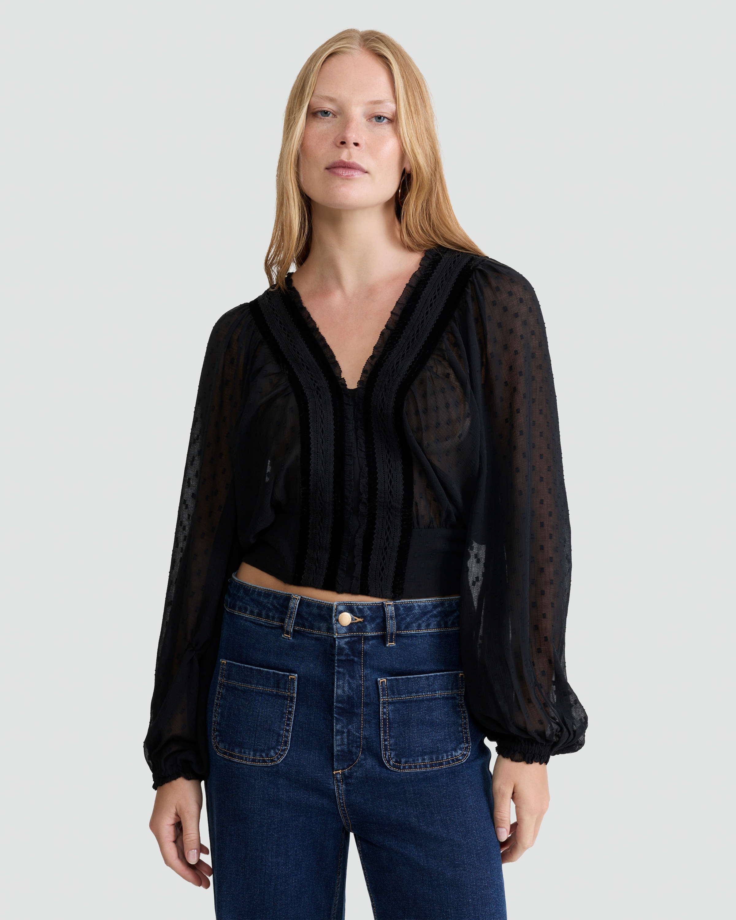 F&F Chiffon Dobby Velvet V Neck Blouse in Black thumbnail 3