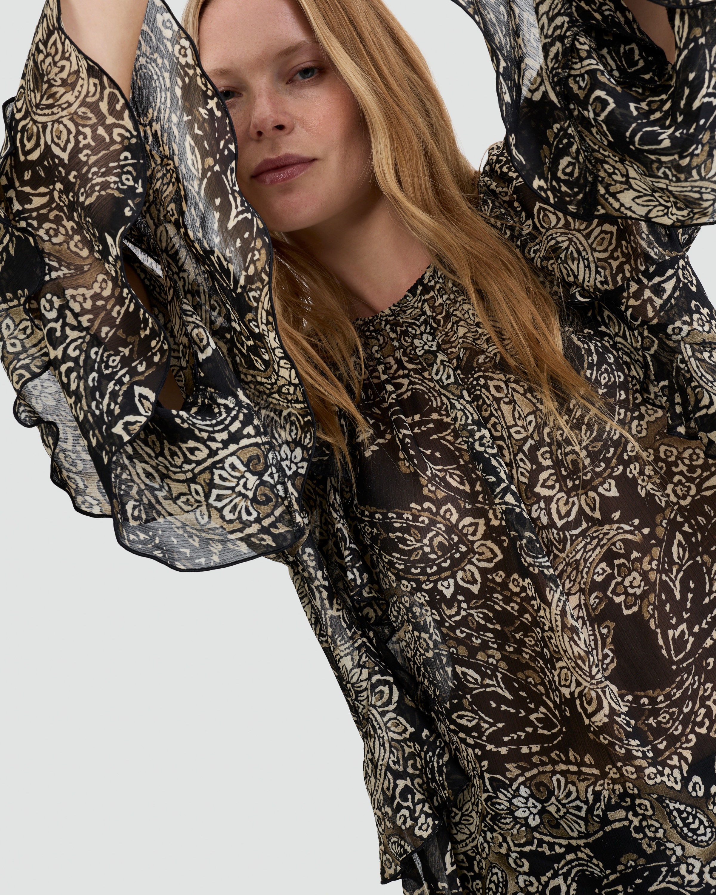 The F&F Edit Paisley Print Ruffle Blouse in Multi Black White
