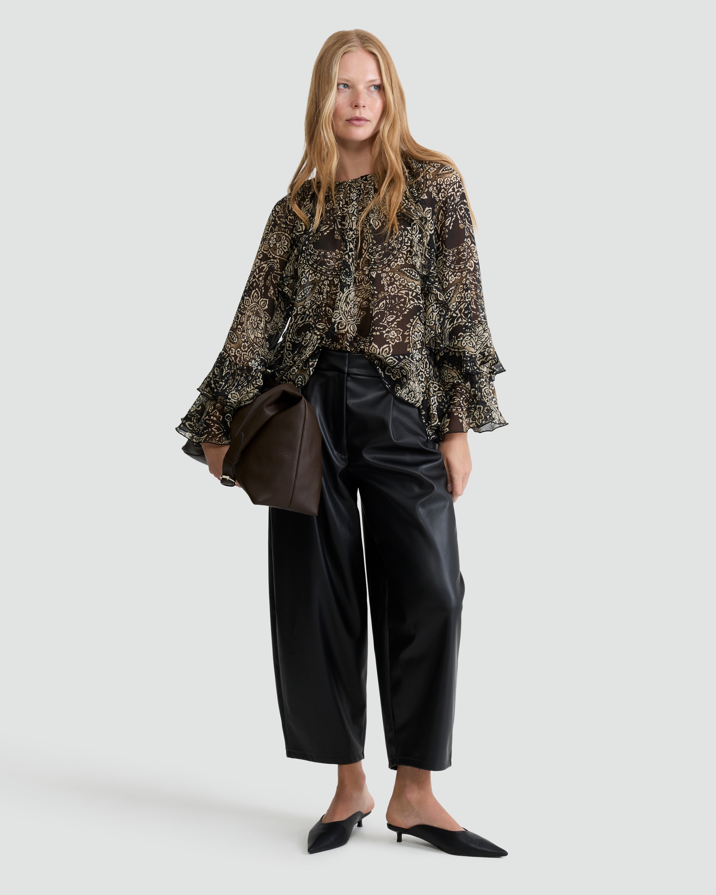 The F&F Edit Paisley Print Ruffle Blouse in Multi Black White thumbnail 2