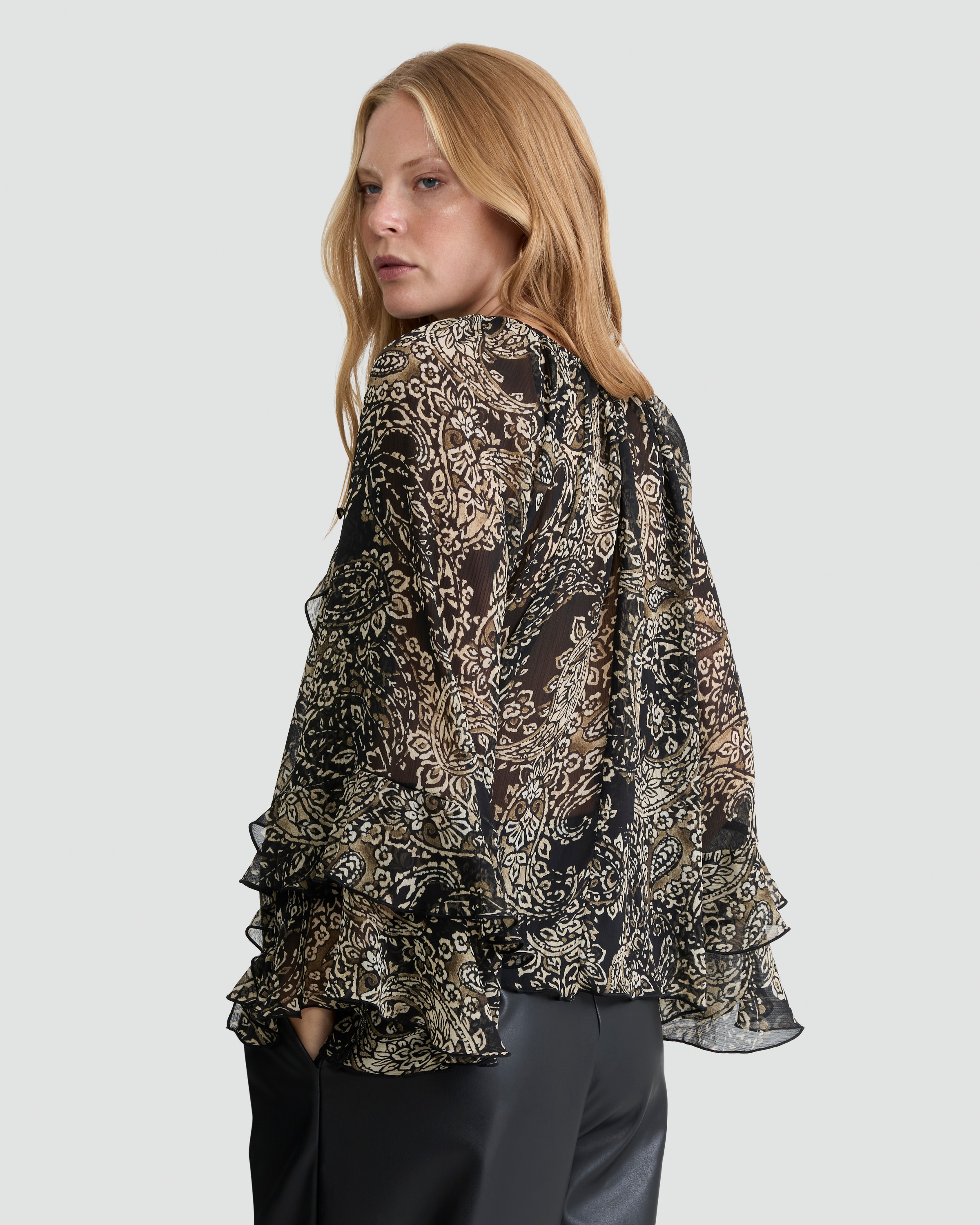 The F&F Edit Paisley Print Ruffle Blouse in Multi Black White thumbnail 3