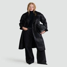 F&F Faux Leather Shearling Collar Longline Coat in Black thumbnail 3
