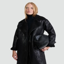 F&F Faux Leather Shearling Collar Longline Coat in Black thumbnail 2