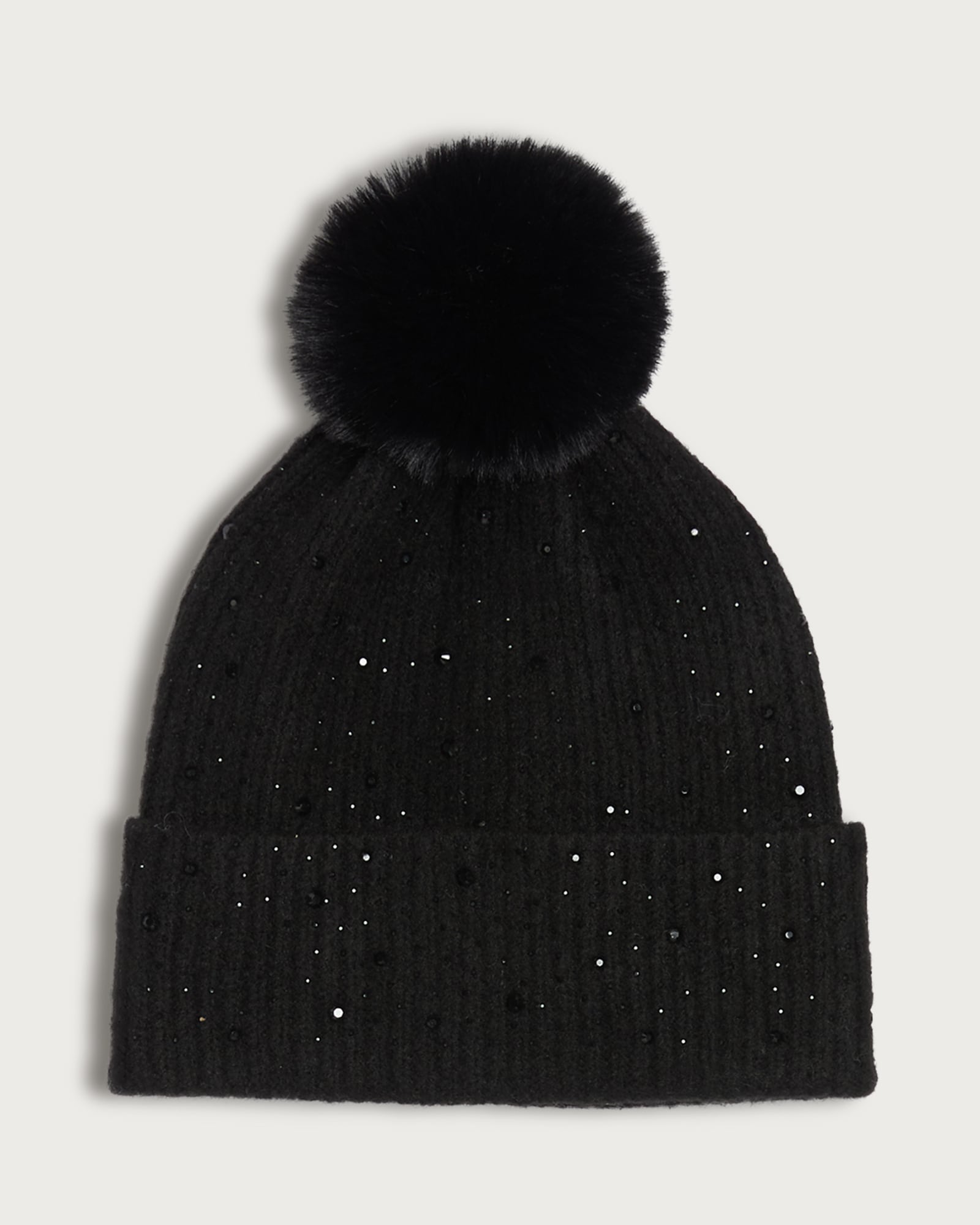 F&F Knitted Embellished Pom Pom Beanie Hat in Black