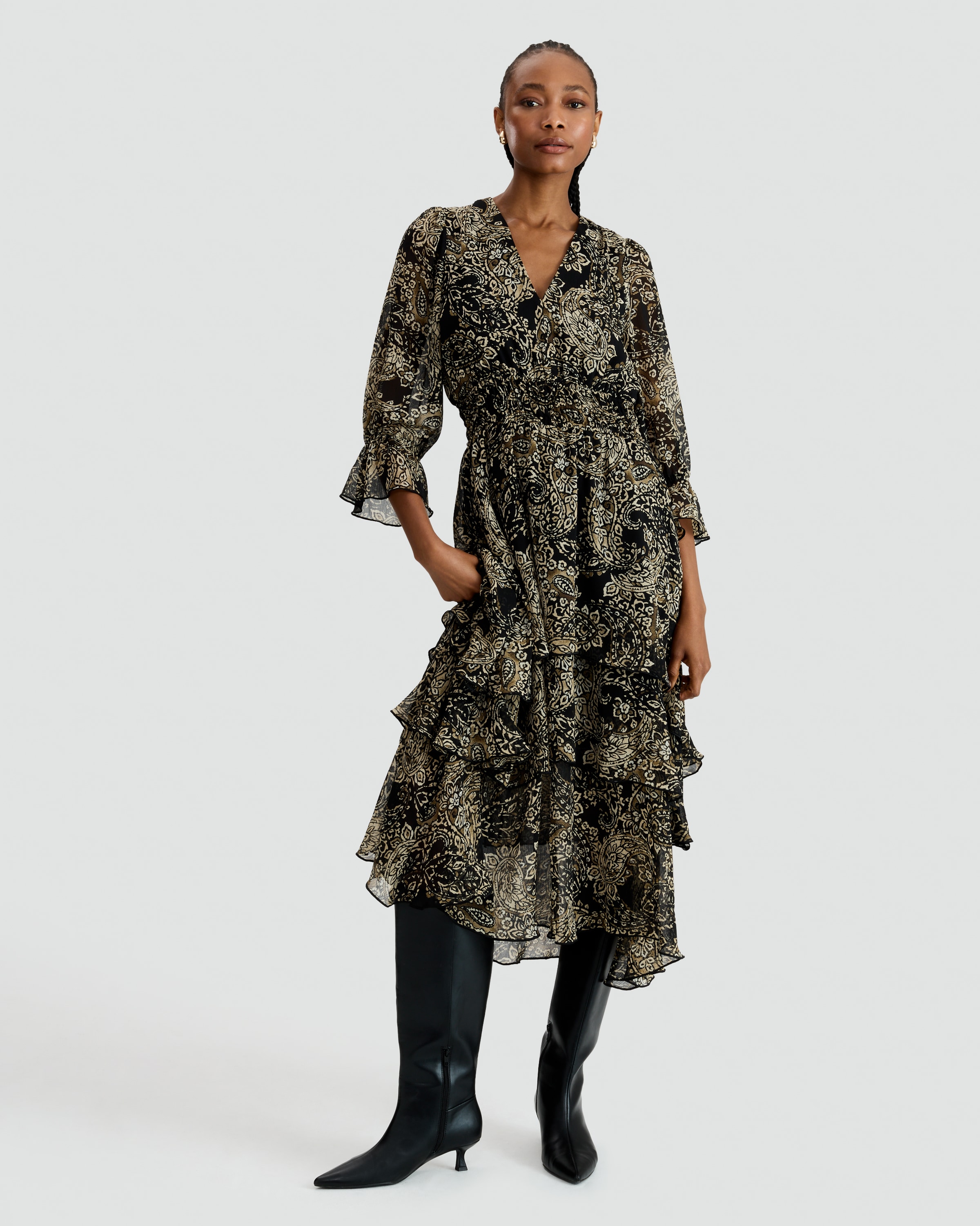 The F&F Edit Paisley Print Tiered Midi Dress in Multi Black White