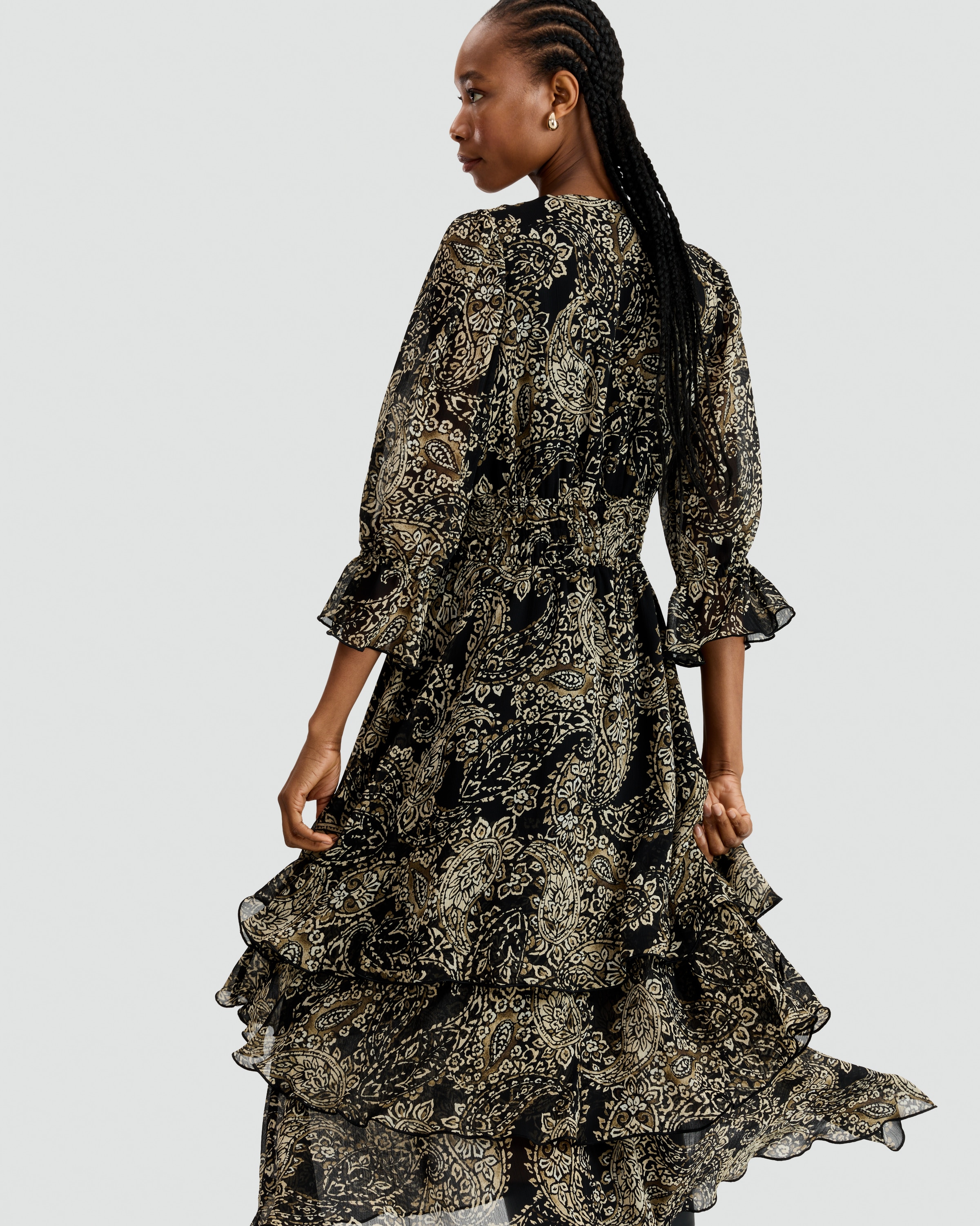 The F&F Edit Paisley Print Tiered Midi Dress in Multi Black White thumbnail 2