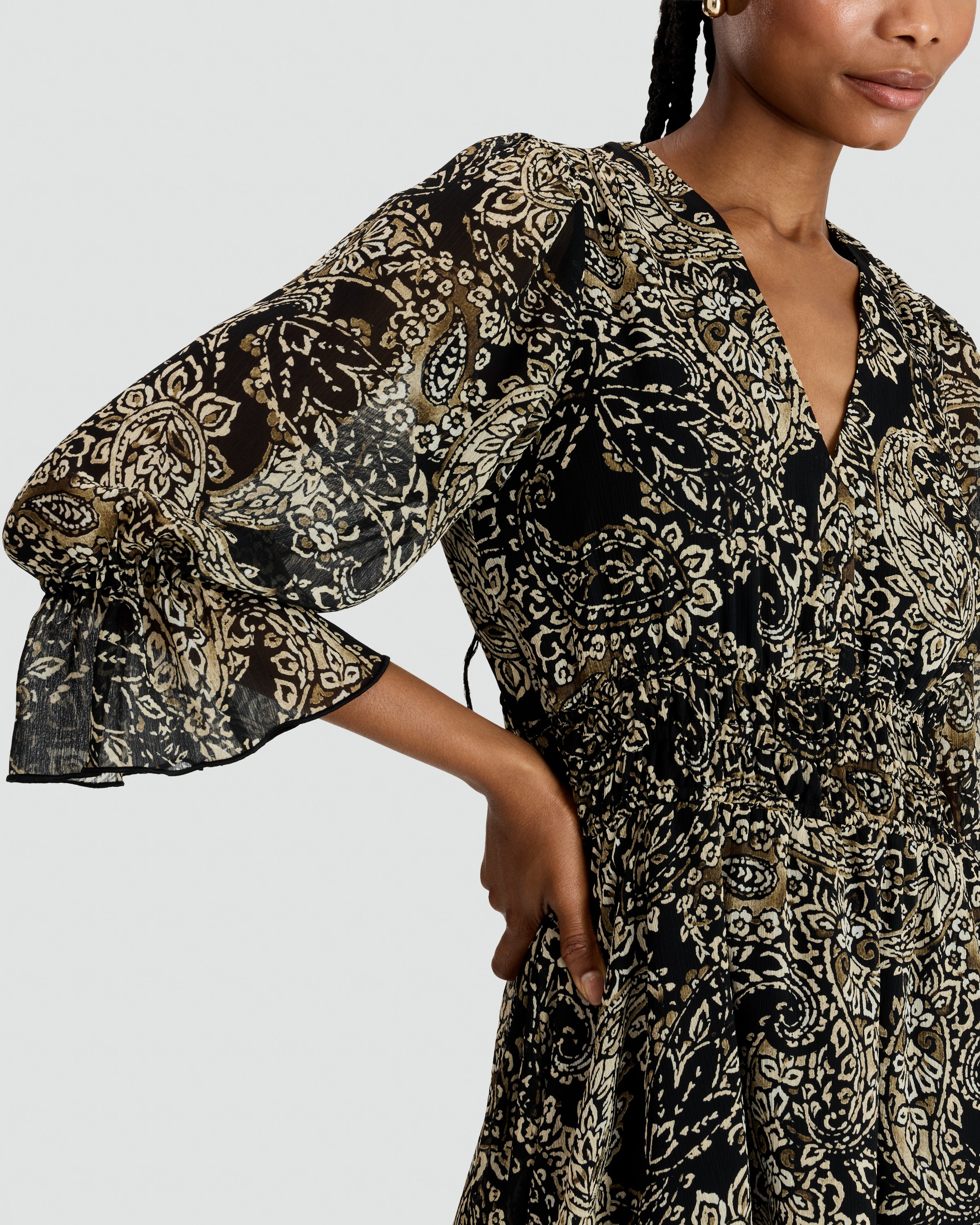 The F&F Edit Paisley Print Tiered Midi Dress in Multi Black White thumbnail 3