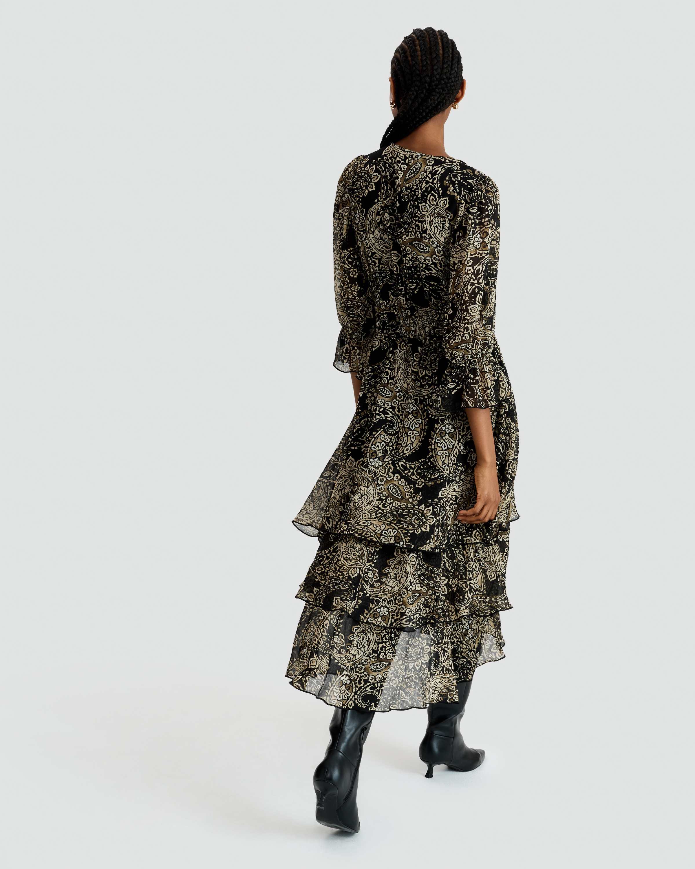 The F&F Edit Paisley Print Tiered Midi Dress in Multi Black White thumbnail 4