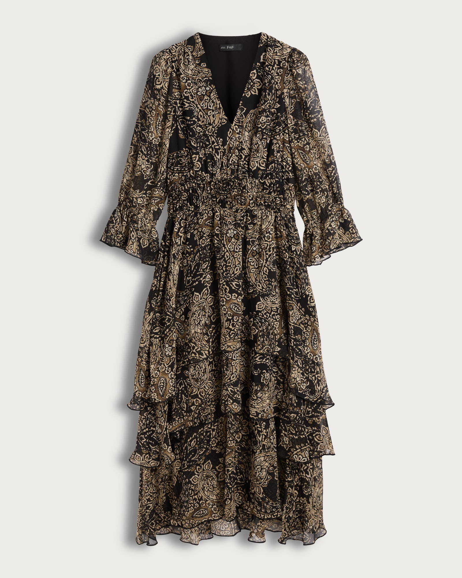 The F&F Edit Paisley Print Tiered Midi Dress in Multi Black White thumbnail 5