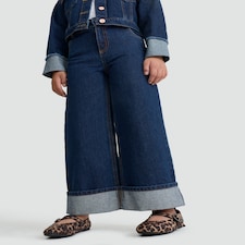 F&F Girls Pure Cotton Wide Leg Turn Up Jeans in Blue thumbnail 2